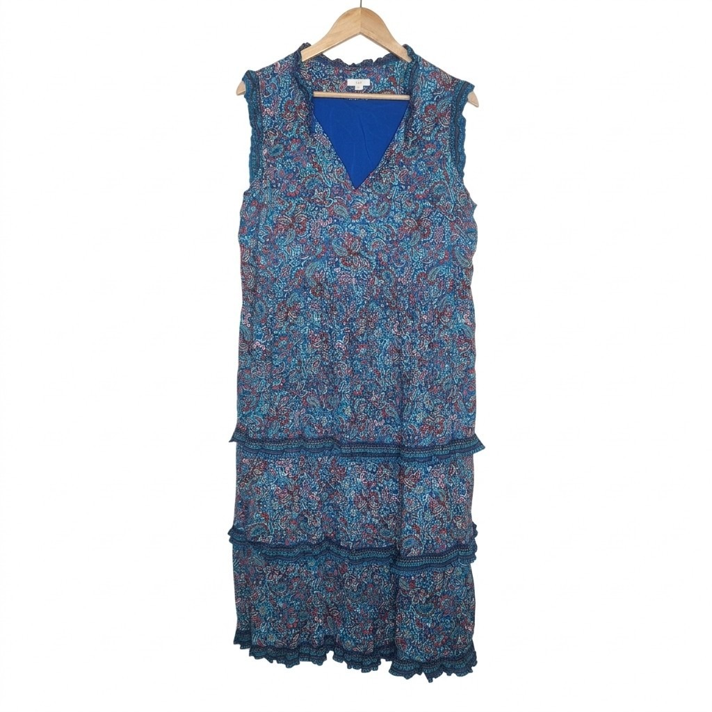 J. Jill Coastal Ruffles Sleeveless Midi Dress Xl P Blue Paisley Floral Tiered